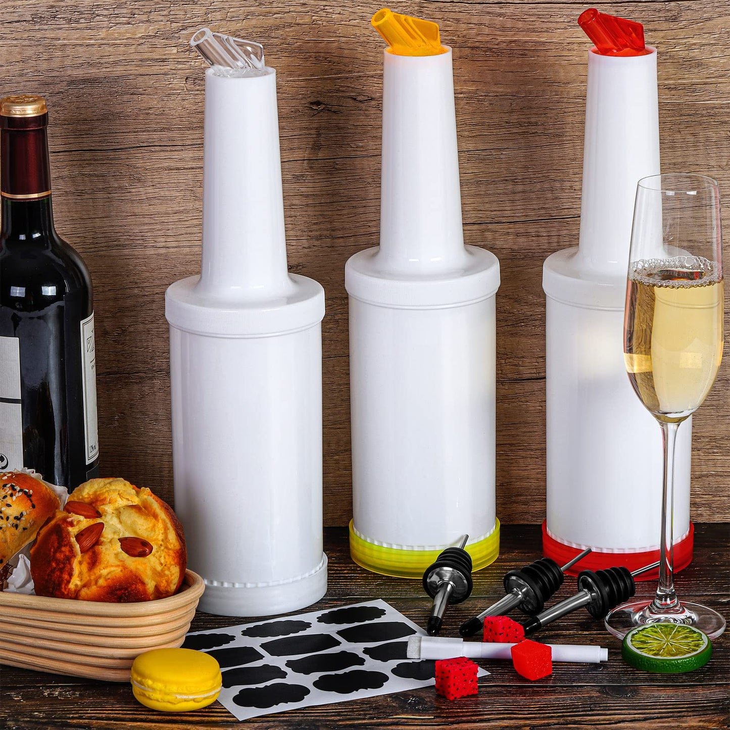 Ruisita 6 Pack Plastic Pour Bottles with Stainless Steel Pourer - Tapered Spout for Liquor and Juice Store (34 Ounces, Multicolor)