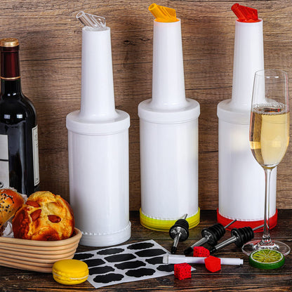 Ruisita 6 Pack Plastic Pour Bottles with Stainless Steel Pourer - Tapered Spout for Liquor and Juice Store (34 Ounces, Multicolor)