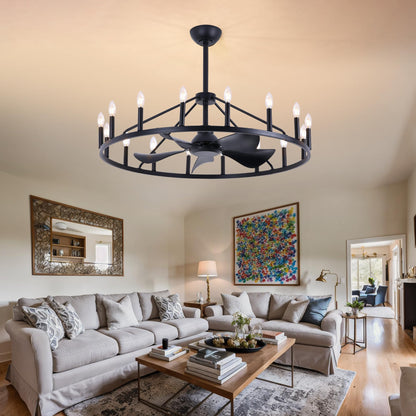 COCOSTAR 44" Black Wagon Wheel Chandelier Farmhouse Ceiling Fan with Light and Remote,16-Lights Large Fandelier with Candle,Rustic Big Light Fixture for Living Room Kichen Dining Room