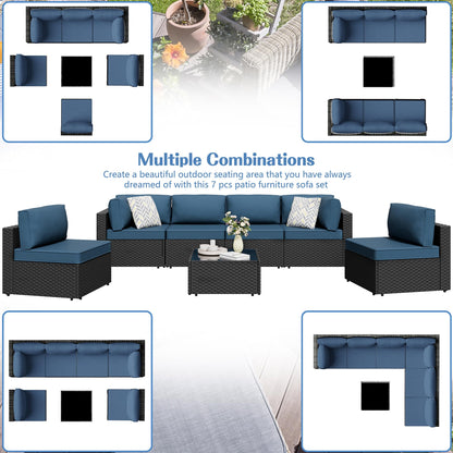 7 Pieces Outdoor Patio Sectional Sofa Couch, Wicker Furniture Patio Conversation Sets with Washable Cushions & Coffee Table for Garden, Poolside, Backyard
