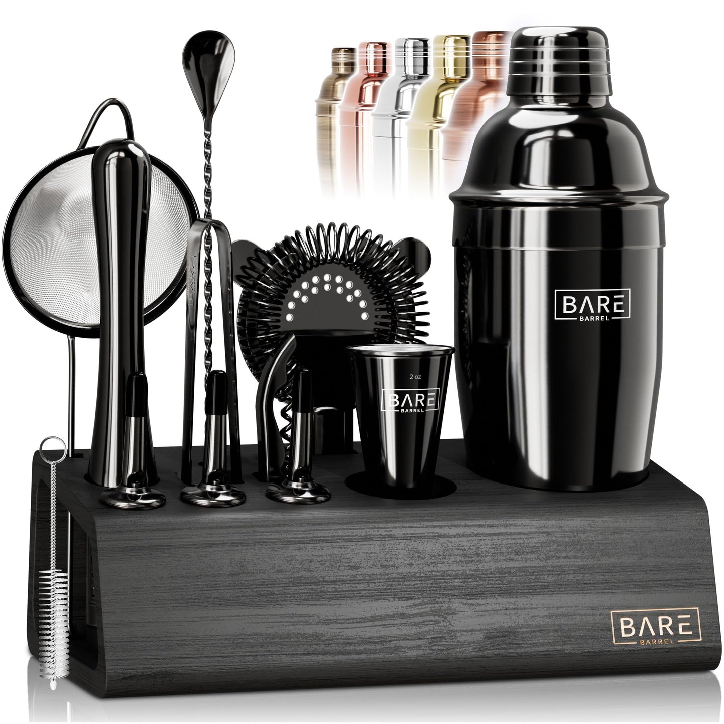 BARE BARREL® Mixology Bartender Kit Bar Set | 14-Piece Cocktail Shaker Set | Martini Barware Mixing Tools for Home Bartending | Incl. 35 Recipe Cards | Gift Set (24oz Cobbler Shaker, Jet Black/Black)