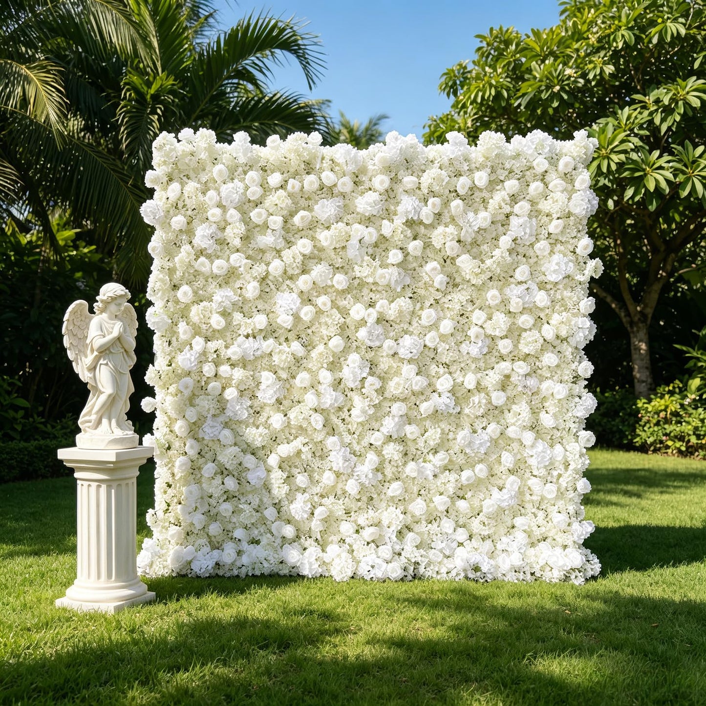 5D Artificial Silk Rose Flower Wall Backdrop, Exquisite White Floral Wall, 8×8 Ft, Quick Installation & Easy Storage, Reusable, Suitable for Weddings, Birthday Parties and Home Decor, Without Stand.