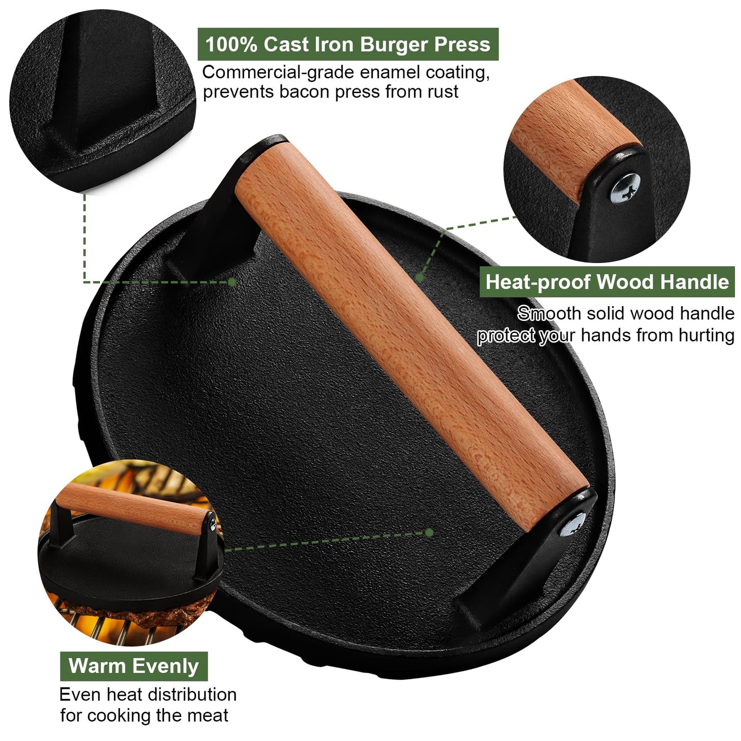 EWFEN Burger Press, 7" Round Heavy-Duty Cast Iron Smash Bacon Press Meat Steak with Wood Handle for Griddle, Sandwich, Nonstick Pan