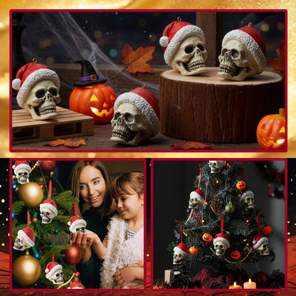 4 Pcs Skull Christmas Tree Ornament 2.6'' Christmas Gothic Decorations Resin Santa Ornament Xmas Mini Skeleton Head Decor Gift for Xmas Tree Holiday Party Supplies