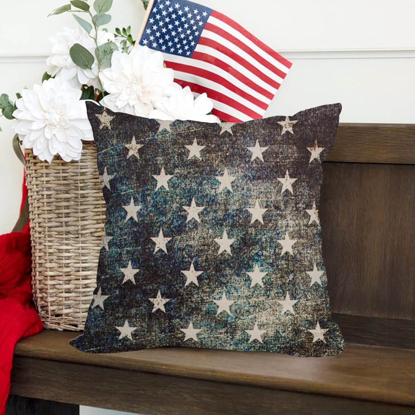 2 Pack Waterproof Outdoor Pillow Covers, 4th of July Vintage American Flag 18x18 Inch Throw Pillow Cases, Patriotic