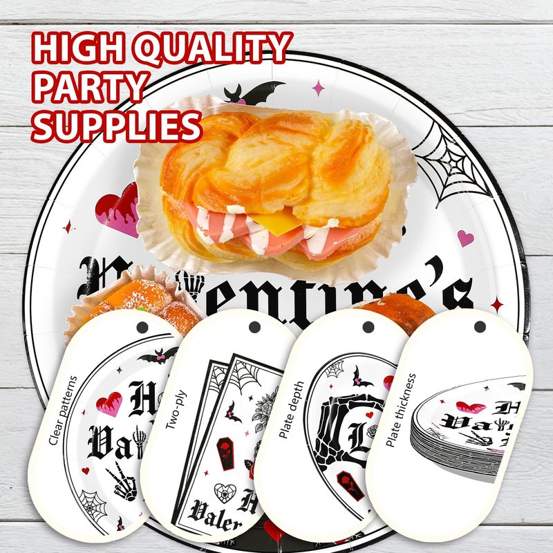 Greencian 96Pcs Valentine's Day Party Supplies Romantic Gothic Heart Love Plates and Napkins Happy Valentine Day Tableware Set for Gothic Valentines Day Wedding Anniversary Party Supplies Serves 24