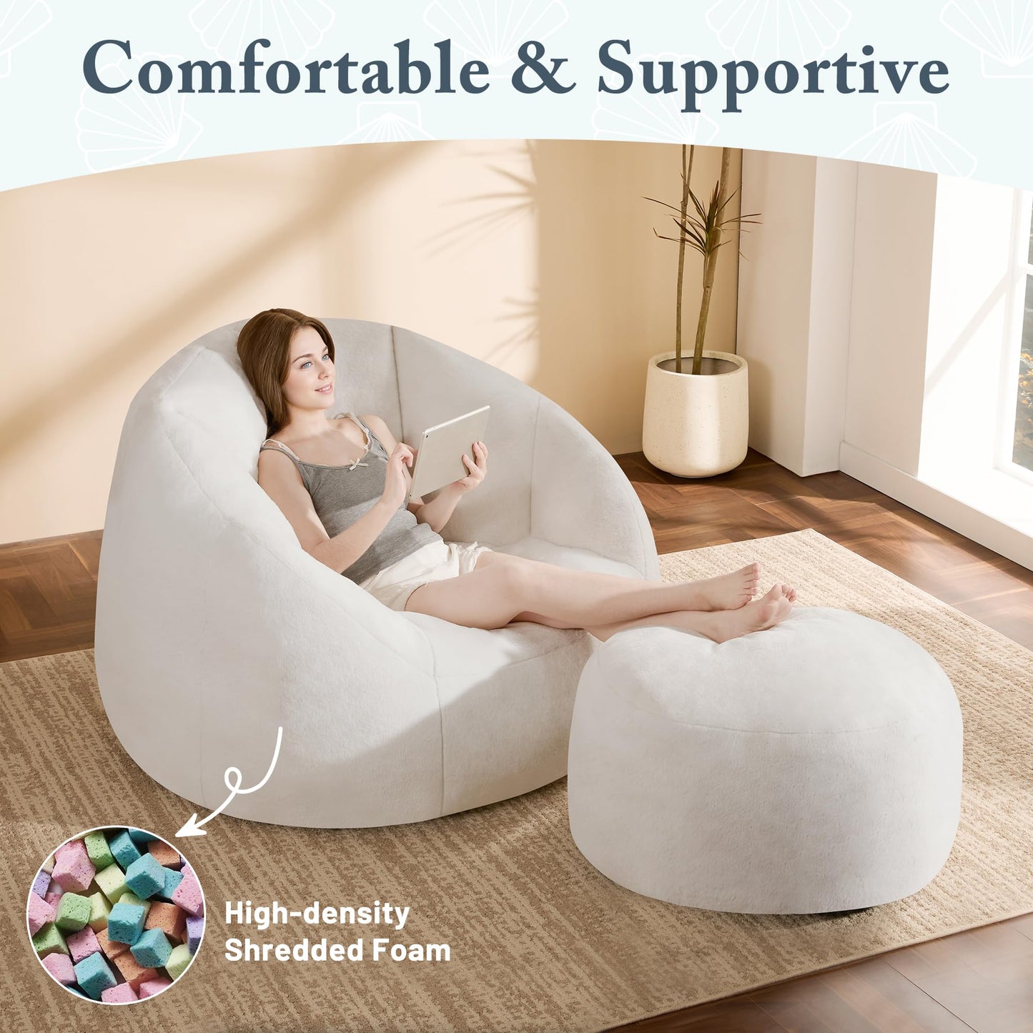 GRANDJOY Oversized Bean Bag Chair with Ottoman, Premium Foam Filling, Relaxing Lounger for Adults & Kids, Beige
