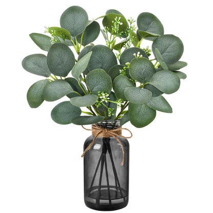 Der Rose 13.5" Fake Plants for Black Bathroom Decor Artificial Eucalyptus Stems in Black Glass Vase with Faux Water for Office Desk Accessories Farmhouse Home Table Centerpiece Decor（Sage Green）