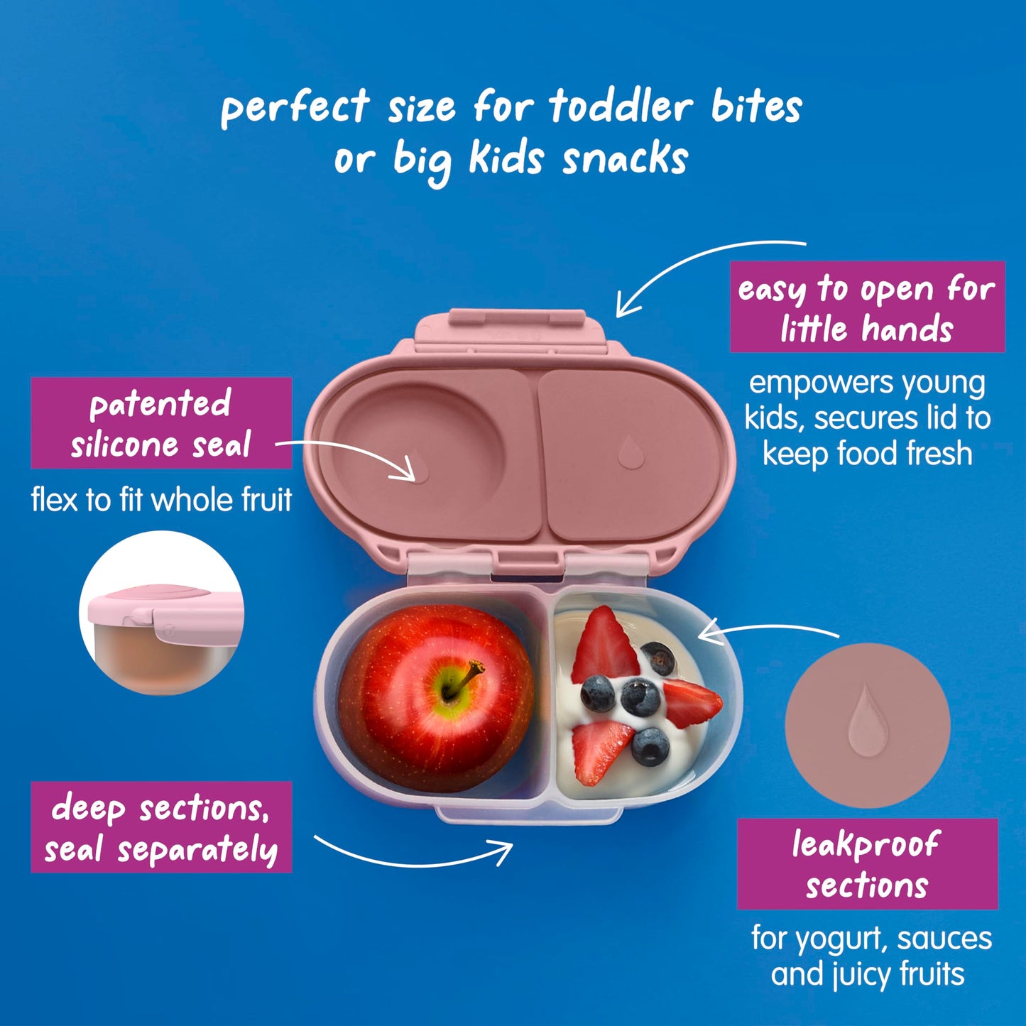 b.box Snack Box - Leakproof Mini Bento Box for Kids & Toddlers, 2 Compartment Snack Containers for Kids, Lunch Containers, Dishwasher Safe, BPA Free, PFAS Free, Ages 4m+, 1 3/4 Cup - Blush Crush