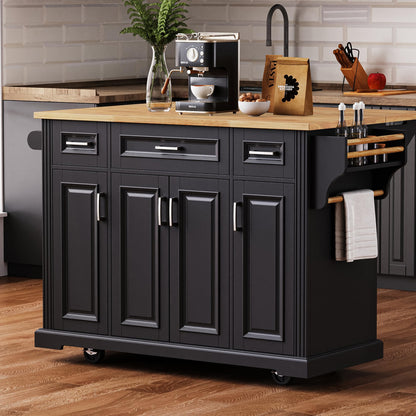 Ball & Cast Large Kitchen Island with Rubber Wood Drop Leaf,Embossed Texture Rolling Kitchen Cart On 4 Wheels W/4 Doors & 3 Drawers,Mobile Kitchen Islands W/ Storage for Kitchen,Dining Room,Black,54"