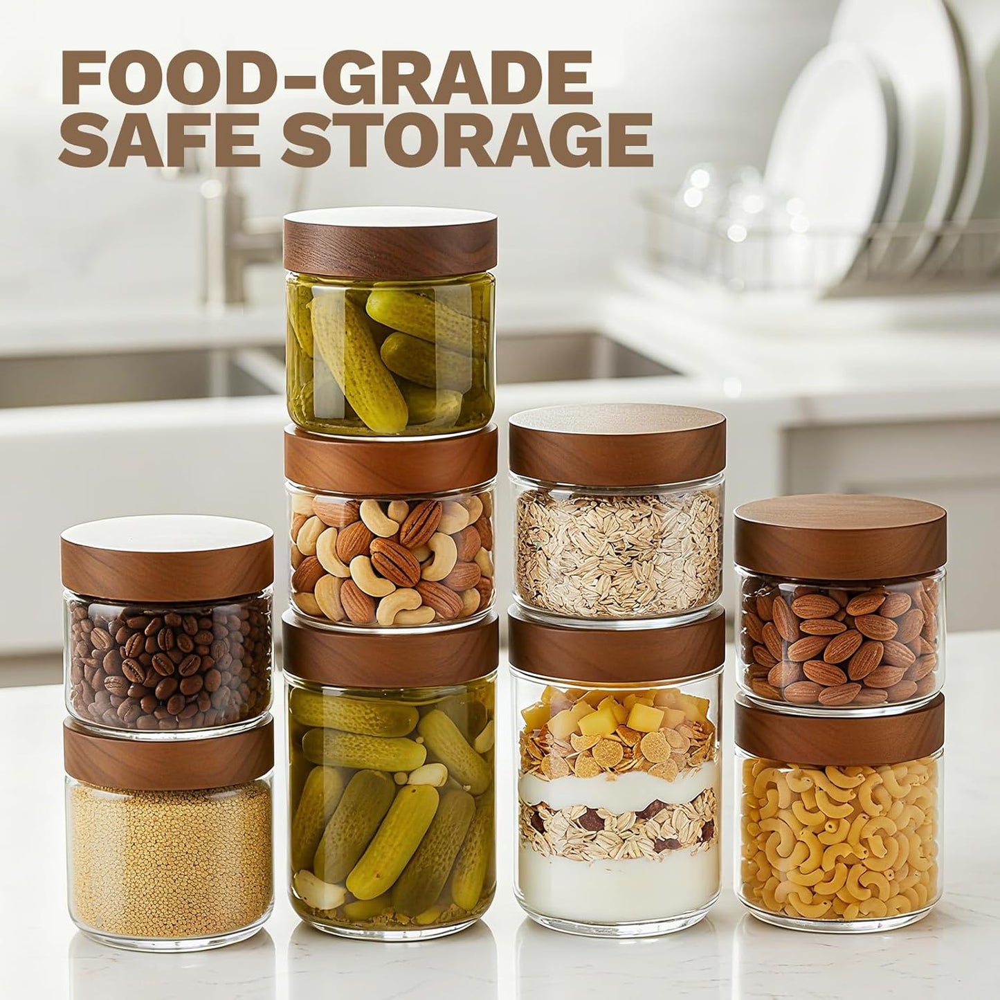 16 oz 2-Pack Bumobum Overnight Oats Containers with Lids, Glass Mason Jars with Acacia Wood Airtight Lid, Wide Mouth