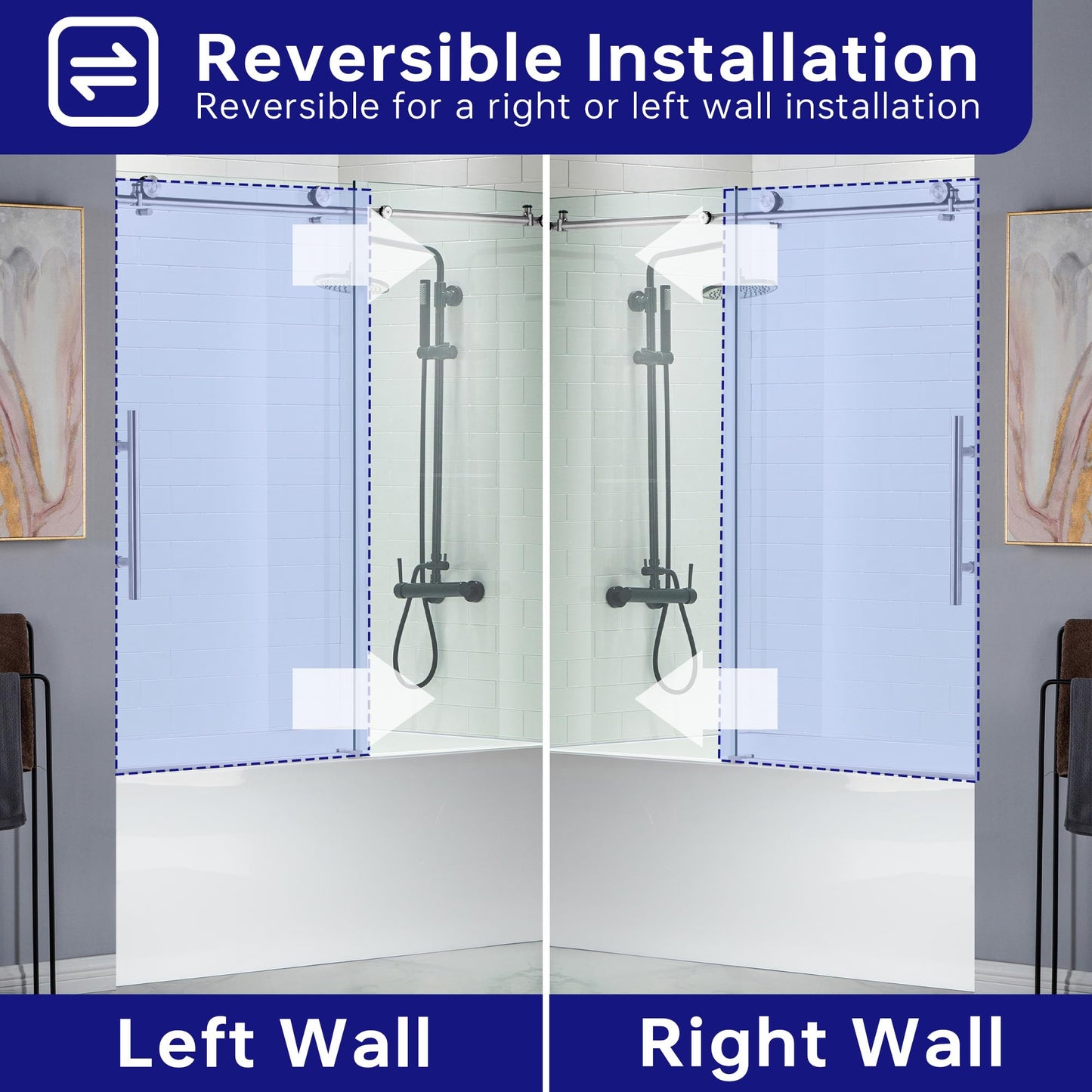 WOODBRIDGE MBSDC 6062-C Frameless Bathtub Shower Doors 56-60" Width x 62" Height with 3/8"(10mm) Clear Tempered Glass in Polished Chrome Finish