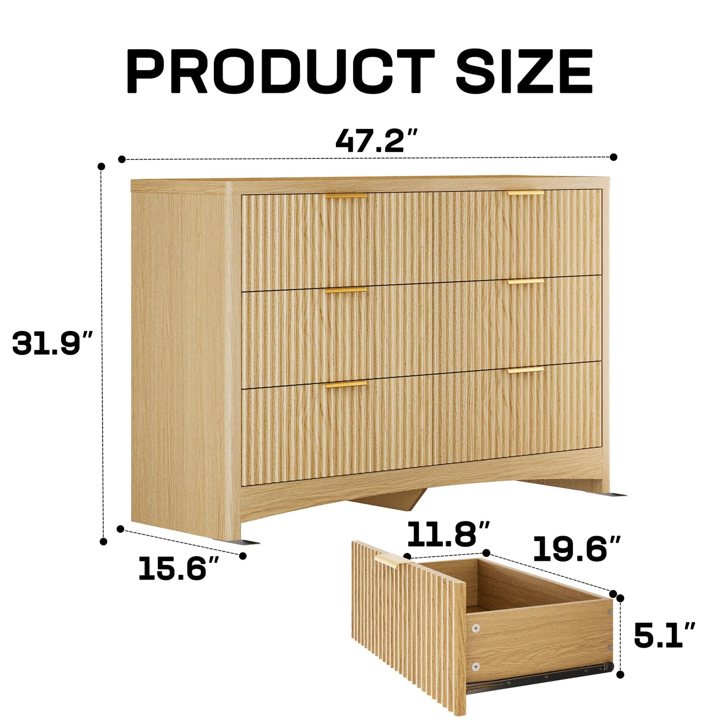 Marsail 6 Drawer Wooden Dresser with Smooth-Glide Drawers, Modern Storage Solution for Bedrooms, Living Rooms, and Hallways, Featuring Large Capacity and an Elegant Natural Wood Finish, Natural Oak