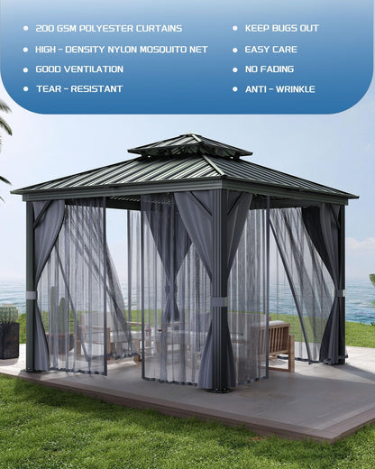 PeacefulHues 10' x 10' Permanent Hardtop Gazebo with Aluminum Frame, Double Galvanized Steel Roof, Curtains and Netting, Outdoor Patio Pavilion for Backyard, Deck, Garden – Gray
