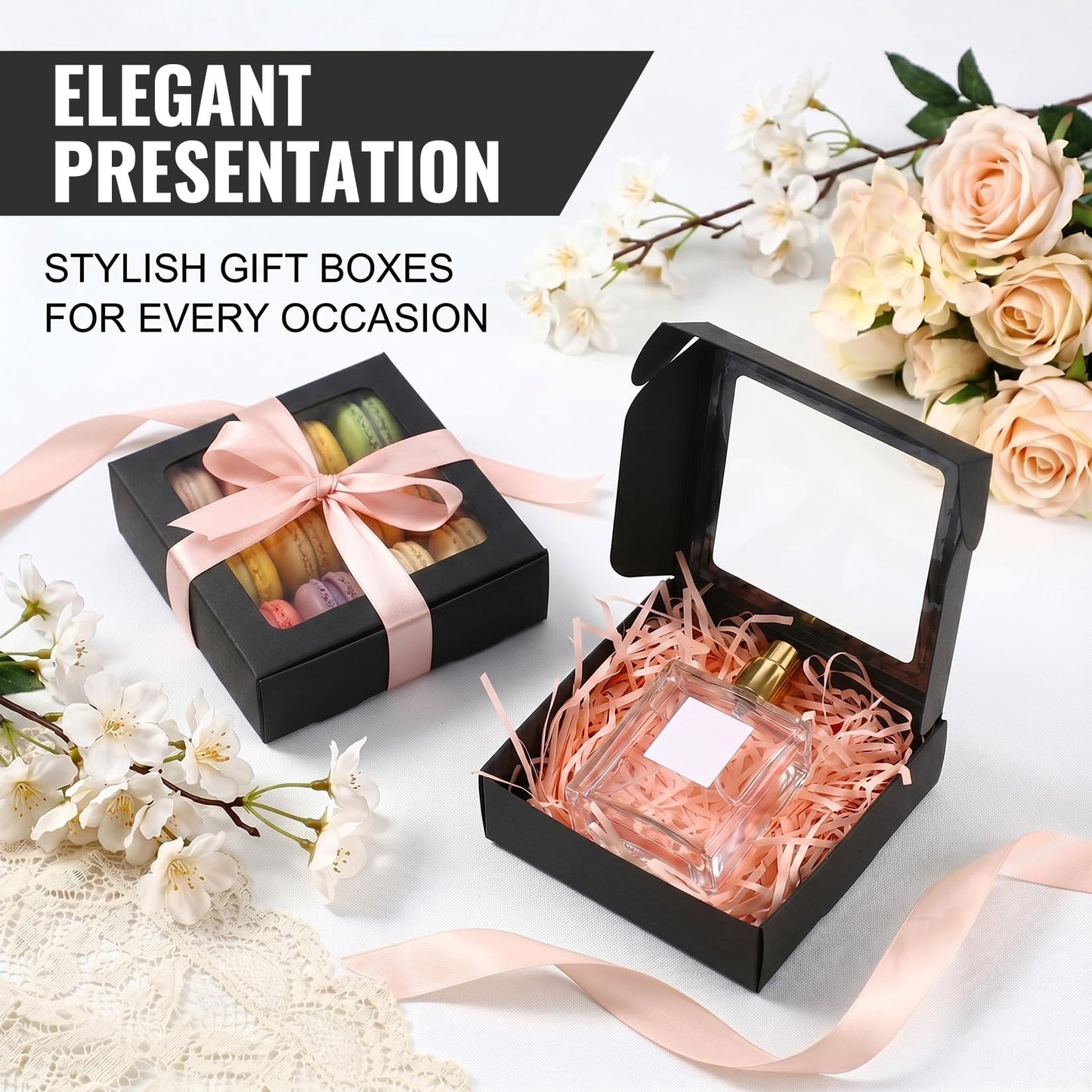 Sbarklo 30 Pcs Kraft Paper Boxes with Window - 4.13 x 4.13 x 1.18 Inch Small Gift Boxes, Treat Boxes for Candy, Soap, Mini Treat Packaging, Bakery, Chocolate, Jewelry Display & Party Favors (Black)