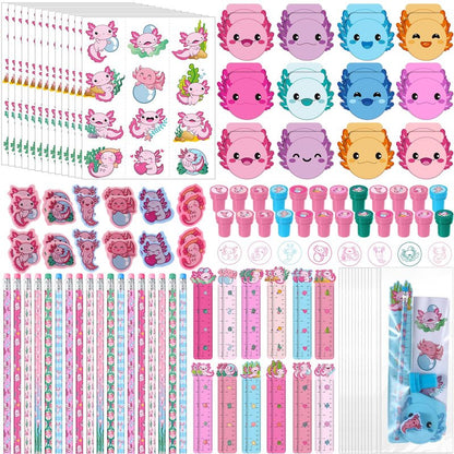 Cholemy 168 Pcs Axolotl Party Favors Axolotl Themed Pencils Notepads Stampers Rulers Erasers Stickers Bags Salamander Stationary School Supplies Kit for Valentines Day Gift Goodie Bag Piñata Filler