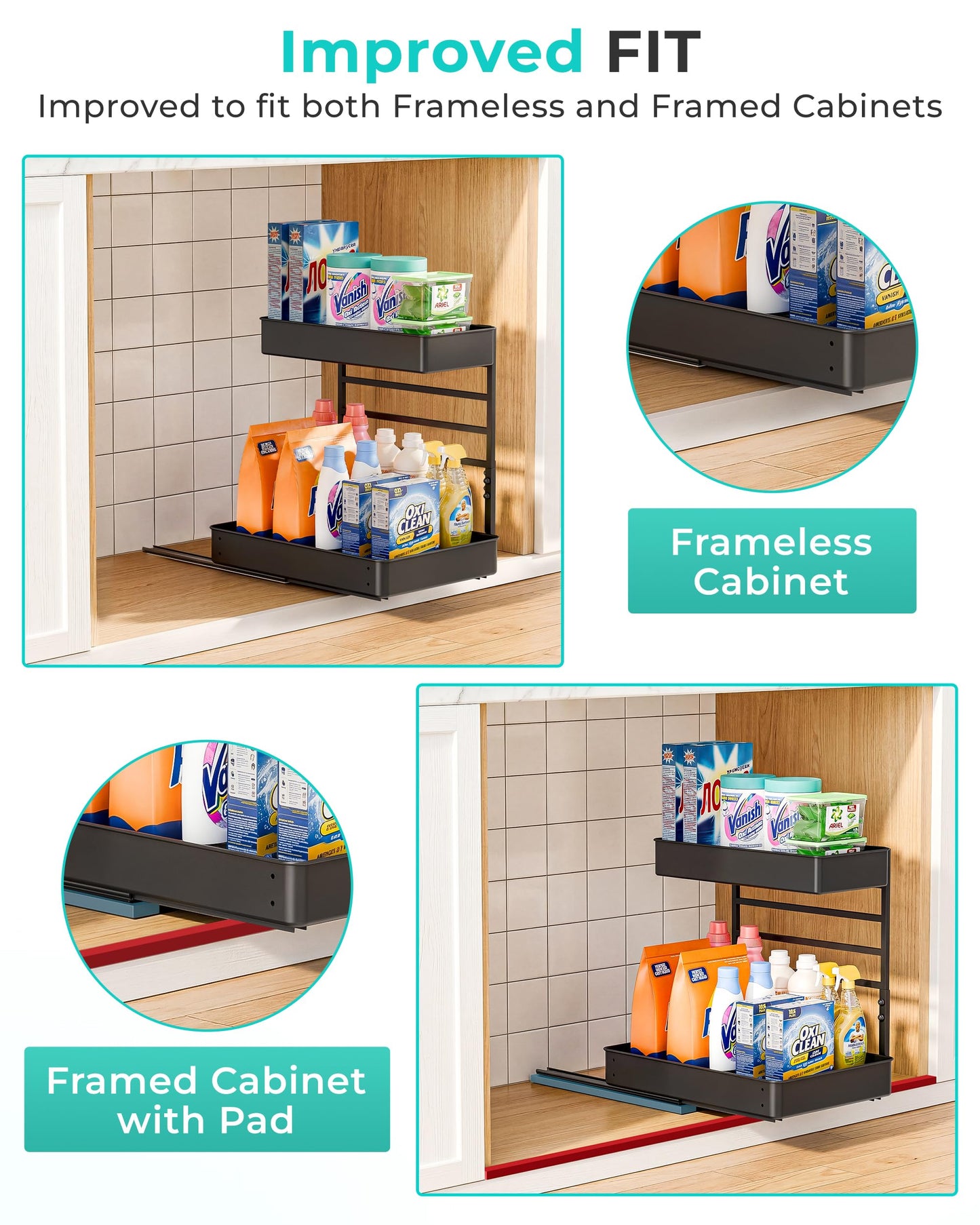 EVERIE Height Adjustable 2 Tier Metal Pull Out Slide Shelf Organizer for Under Sink Cabinets in Kitchen, Bathroom, with Snap-on Top Tray, 16" Deep (Black, 2 Sets)