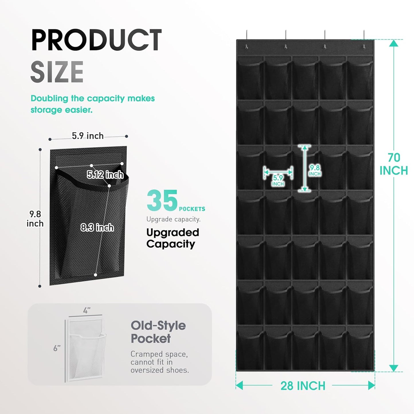 WVM 35 4 Closet Over The Door Shoe Organizer with Breathable Mesh Pockets, Hanging Shoe Organizer for Door with Metal
