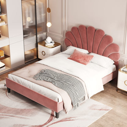 Merax Full Size Upholstered Platform Bed Wooden Frame with Flower Pattern Velvet Headboard for Bedroom,Boys Girls,Bean Paste Red