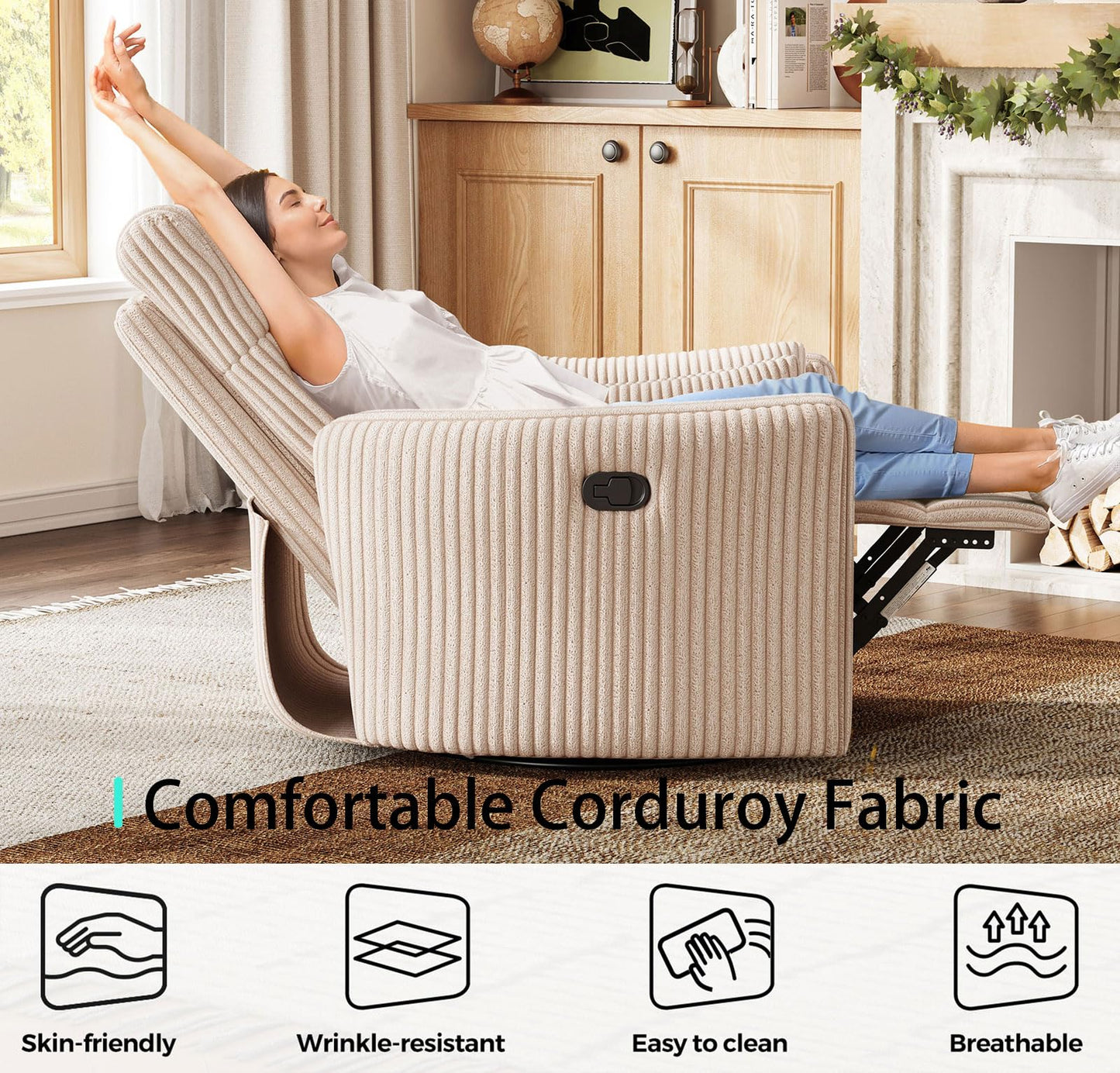 LINSY 360 Swivel Recliner Chair, Nursery Glider Rocking Chair with 2 Pillows, Corduroy Nursing Chair Comfy High Back Adult Rocker Recliner for Small Spaces, Nursery Bedroom Living Room (Beige)
