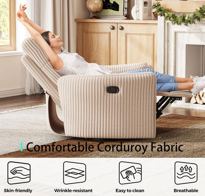 LINSY 360 Swivel Recliner Chair, Nursery Glider Rocking Chair with 2 Pillows, Corduroy Nursing Chair Comfy High Back Adult Rocker Recliner for Small Spaces, Nursery Bedroom Living Room (Beige)