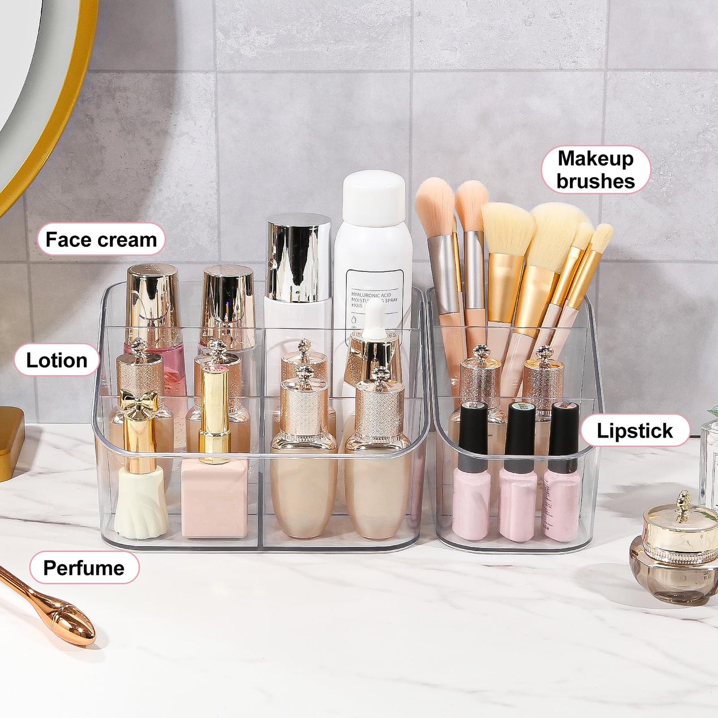 DASITON 3 Slots Makeup Brush Holder, Acrylic Make Up Brush Holder Organizer for Vanity, Bathroom Countertop, Small Makeup Organizer Brush Cup Cosmetic Brushes Storage, Pen Holder for Desk (Clear S)