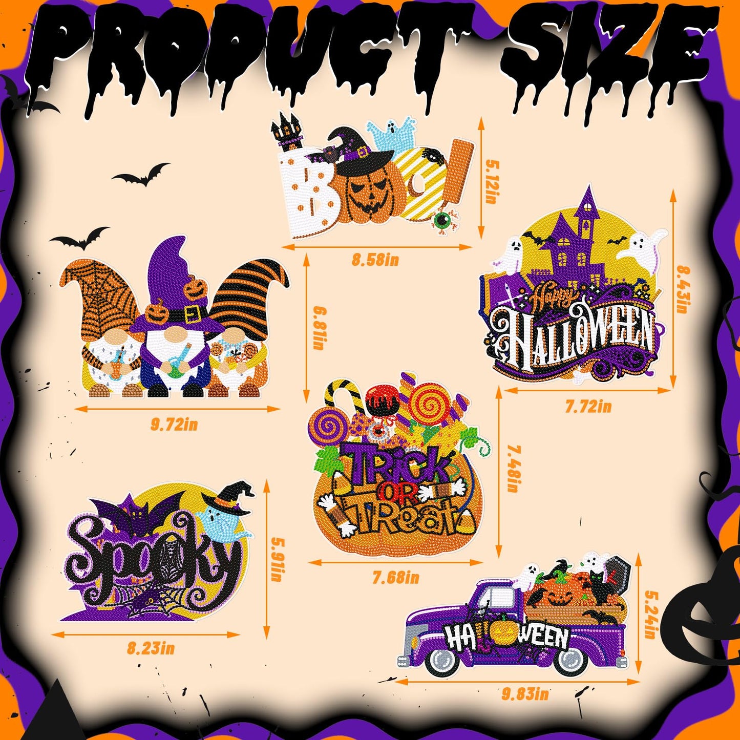 Chiisong 6 Pcs Halloween Diamond Art Painting Kits Hanging Sign Set Witch Pumpkin Gnome Glow in The Dark Diamond Art Painting Kits Halloween Hanger Adult 5d DIY Craft for Wall Door Window Porch Decor