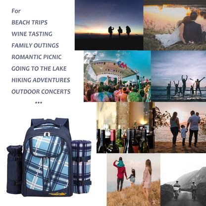 Apollo walker Picnic Backpack Set for 4 with Cooler Compartment,Detachable Bottle/Wine Holder Including Large Picnic Blanket(45"x 53") for Picnic Family and Lovers Gifts,Outdoor,BBQ Time (Blue)