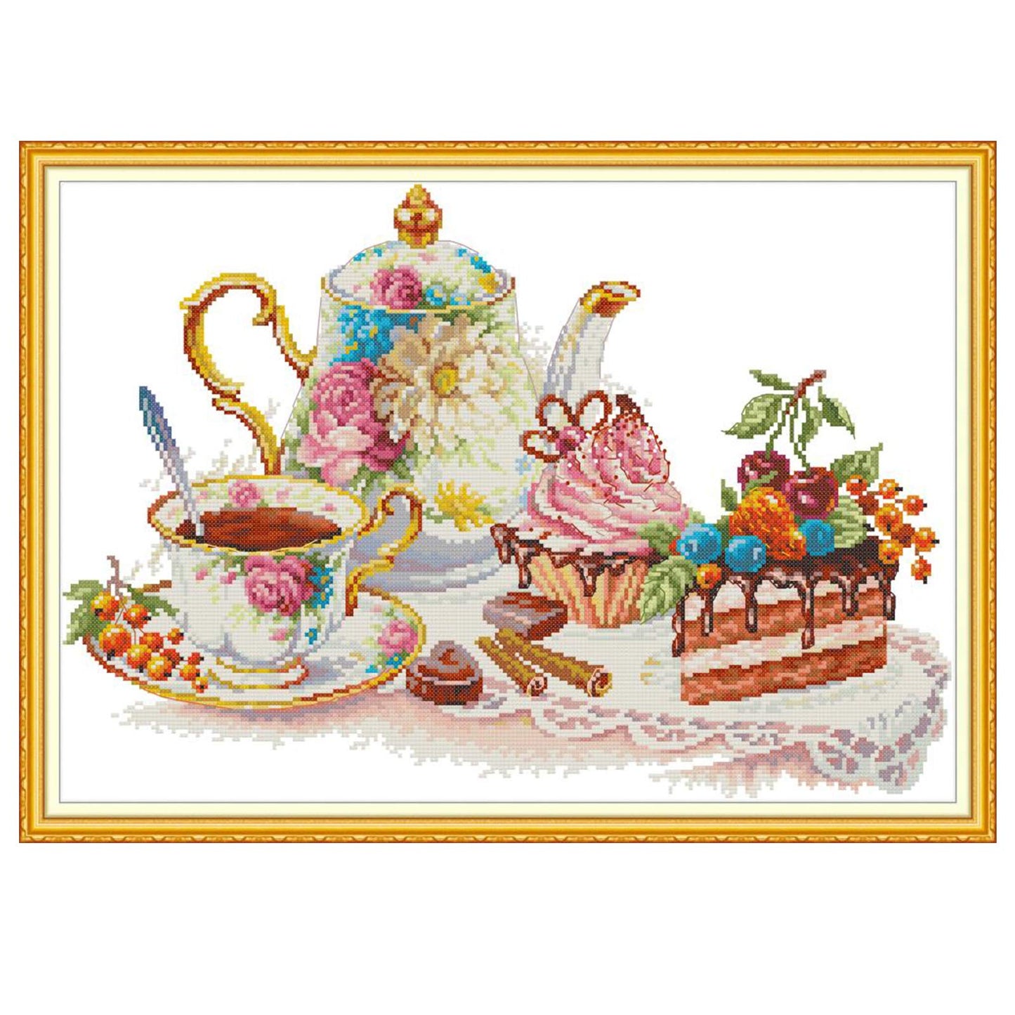 Cross Stitch Kits Stamped Full Range of Embroidery Starter Kits for Beginners DIY 14CT Easy Patterns Embroidery for Girls Crafts-Afternoon Tea 18.9x13.8 (inch)