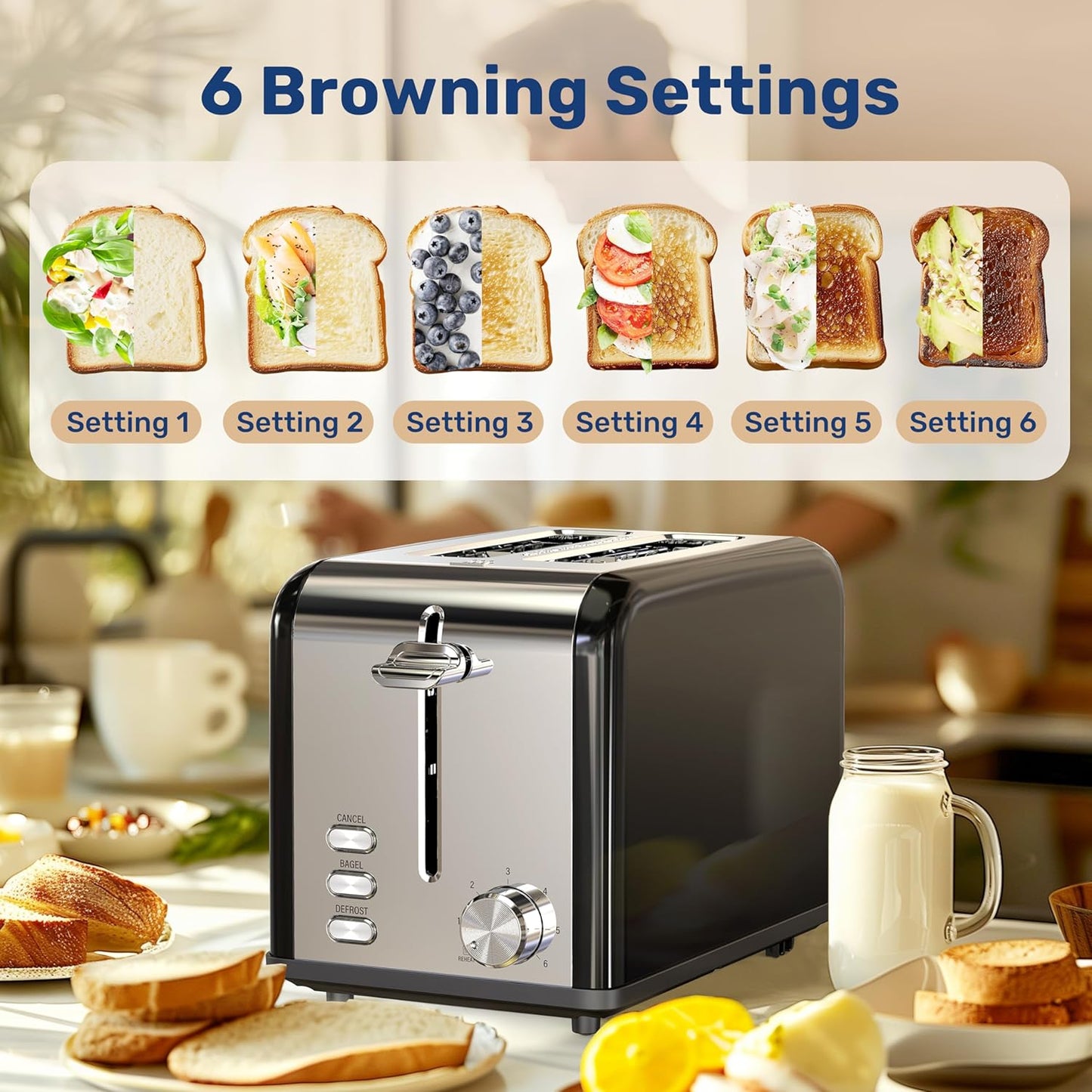 YSSOA 2-Slice Toaster, Retro Stainless-Steel Style with 6 Browning Settings, Extra Wide Slot & Removable Crumb Tray