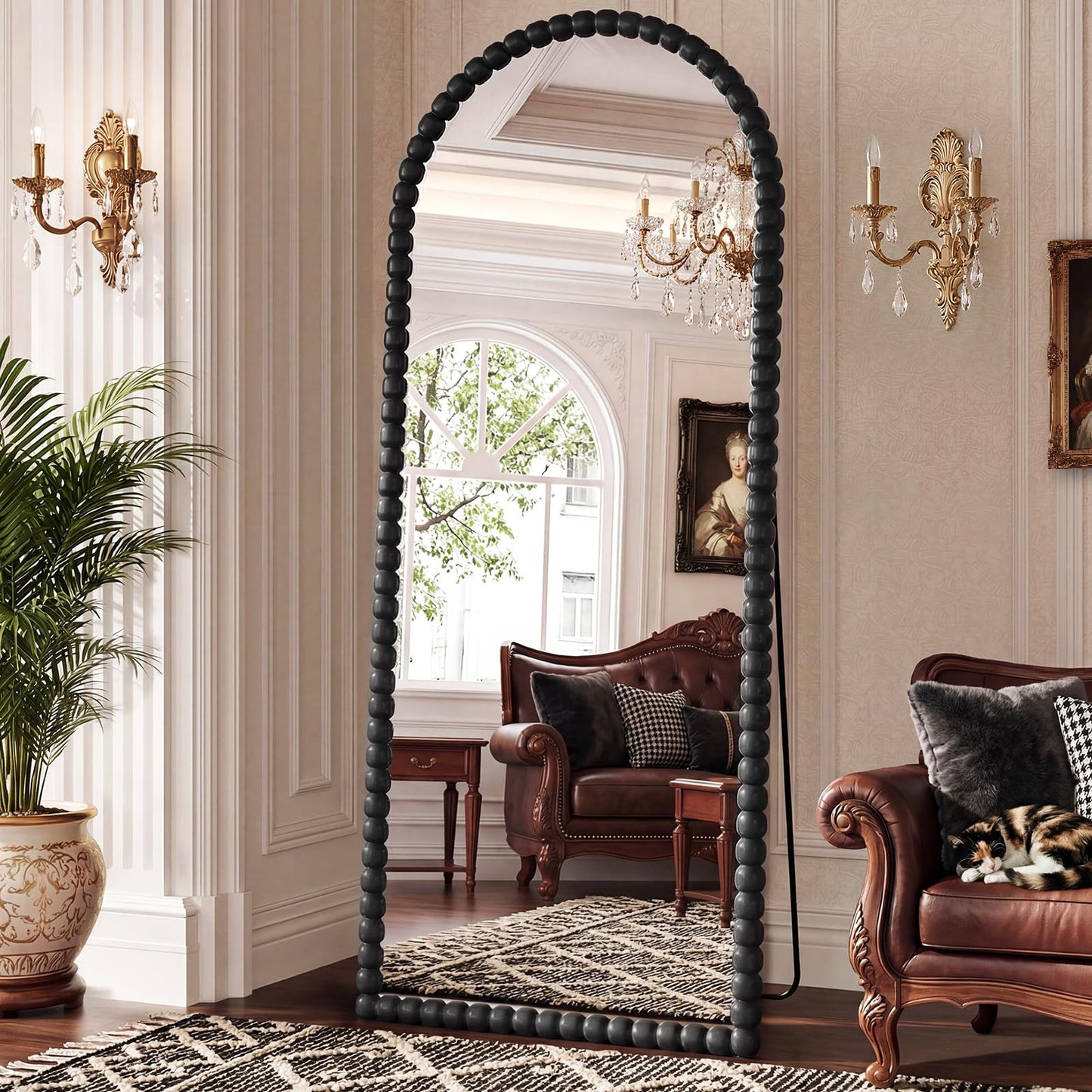 FlyEcho Arched Full Length Mirror, 71"x28" Antique Beaded Full Body Mirrors, Large Floor Mirror with Stand, Hanging Mounted for Bedroom Living Room Cloakroom Hallway Decor, PU Frame, Black