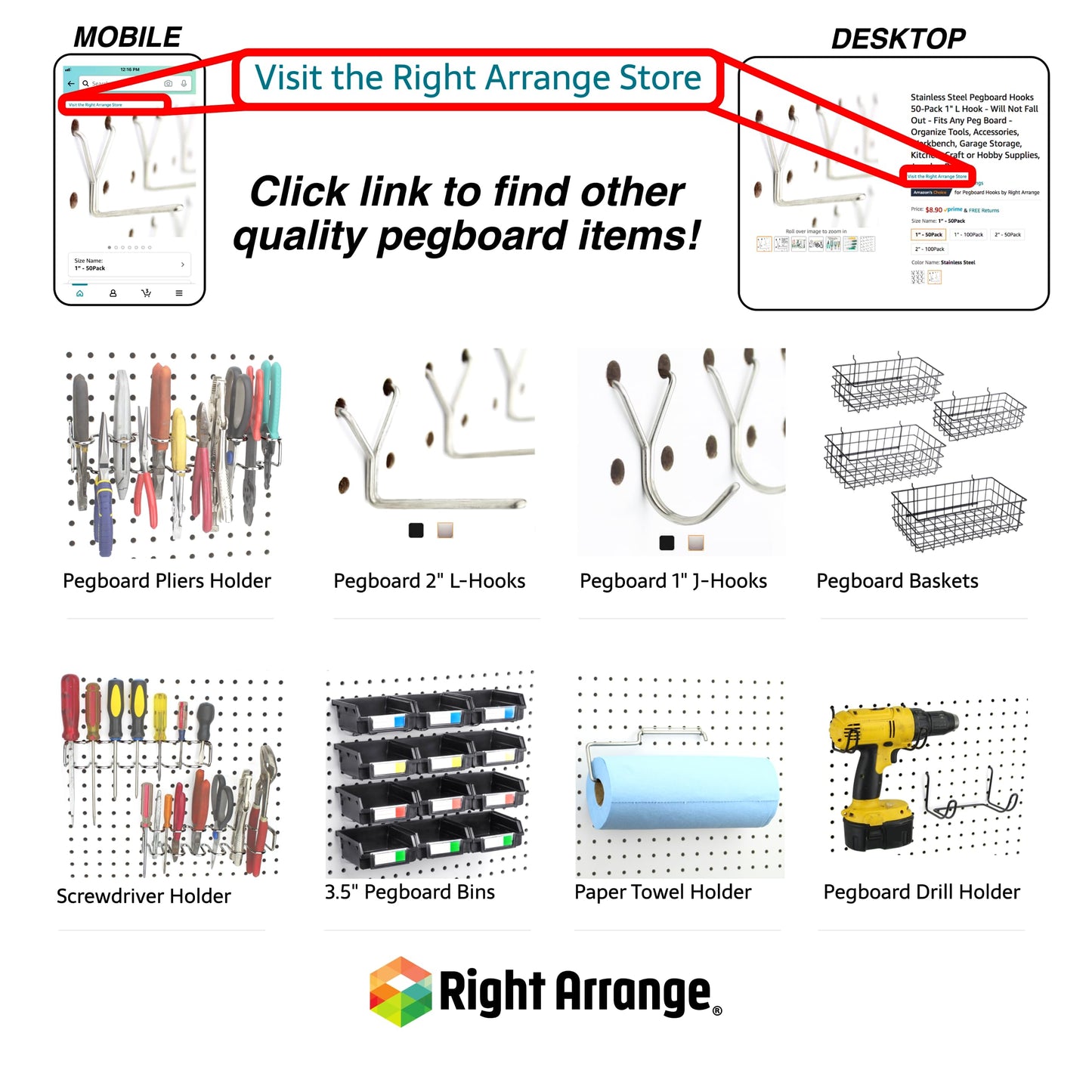 Pegboard Baskets, Set of 4 Black - Hooks to Any Peg Board - Pegboard Accessories, Square Style Wire Shelf Baskets - Organize Tools, Workbench, Garage Storage - Wall Organizer Attachments