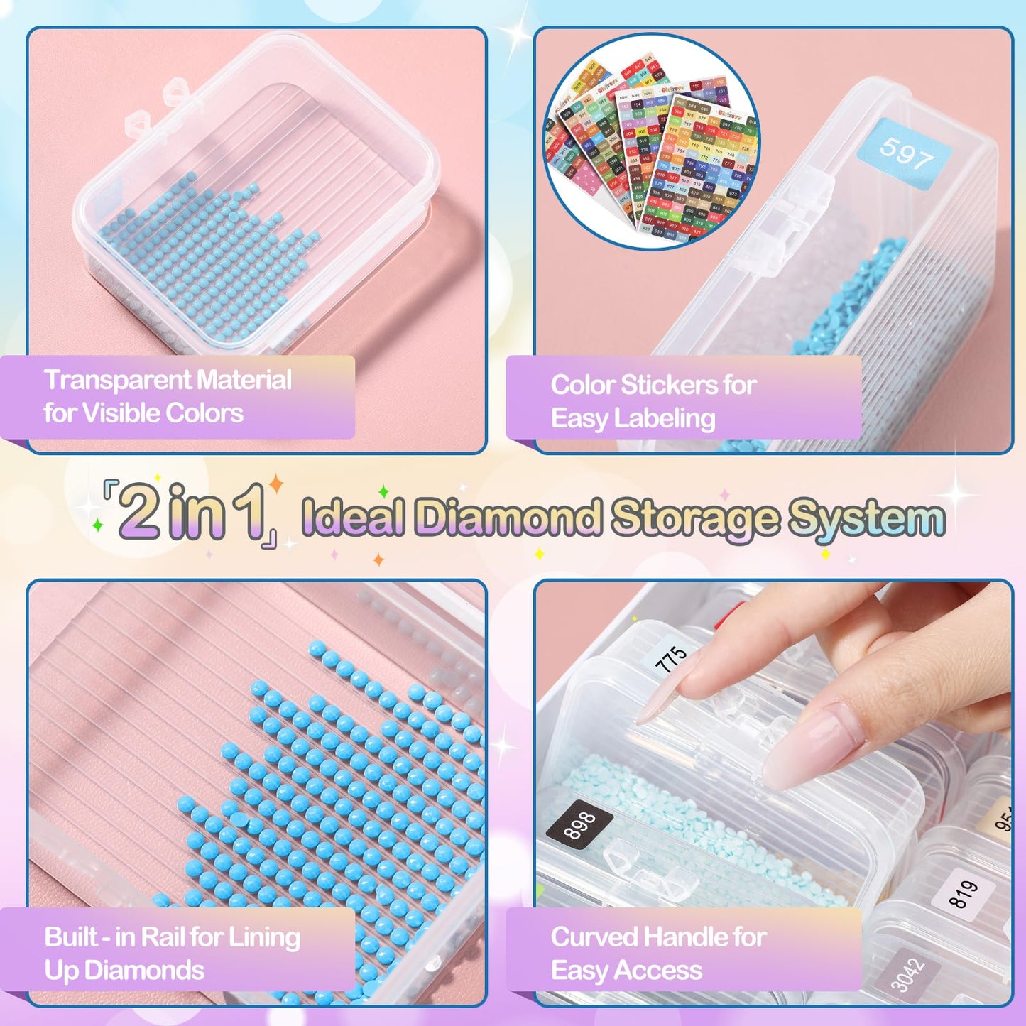 Glotrove Diamond Art Storage Containers Trays, 45pcs Diamond Painting Trays with Lids, 2-in-1 Beads, Gems & Drills Storage and Line-Up Accessories for Diamond Painting