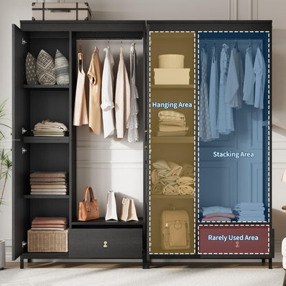 78.9" Armoire Wardrobe Closet with Shelves and Hanging Rod, Large Fixed Compartment for Bedding & Luggage, Open Design of the Hanging Area, Metal Frame Wardrobe Cabinet for Bedroom (1 Drawer, Black)