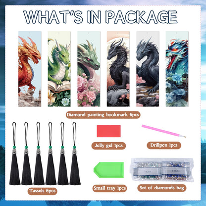 Sitsink Dragon Art Kits - 6 Pc Diamond Bookmarks with Tassels, Fantasy Creature Dragon Painting Kits for Adults