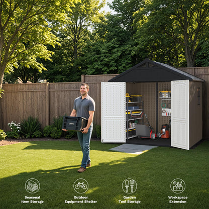Patiowell 8 x 6 FT Plastic Outdoor Storage Shed with Floor, Resin Shed with Window and Lockable Door for Garden, Backyard, Tool Storage Use, Easy Assemble, Gray (Kick-it Shed)