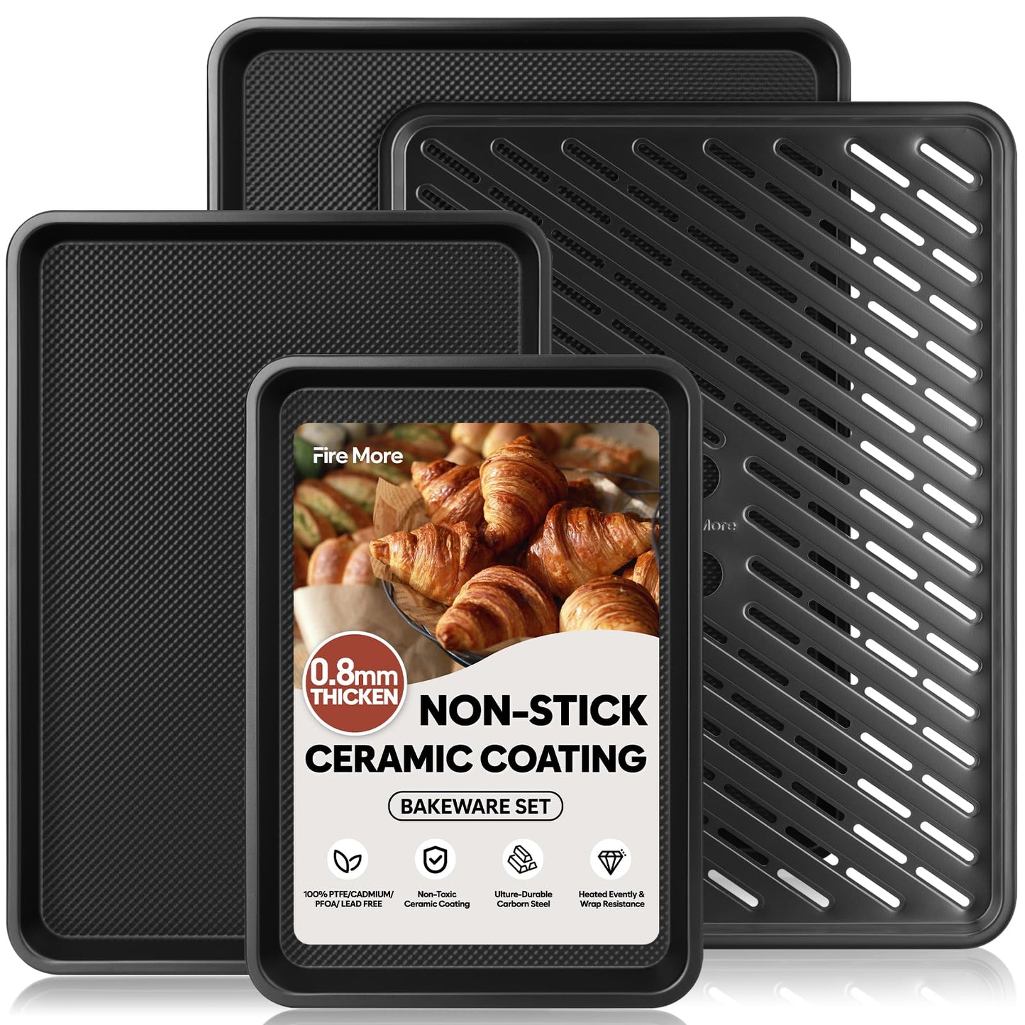 Nonstick Cookie Sheets for Baking with Cooling Rack Set of 4, 0.8mm Thick Heavy Duty Baking Sheets for Oven, Half/Quarter/Jelly Roll Pans Oven Trays, Baking Pan Set with Diamond Texture