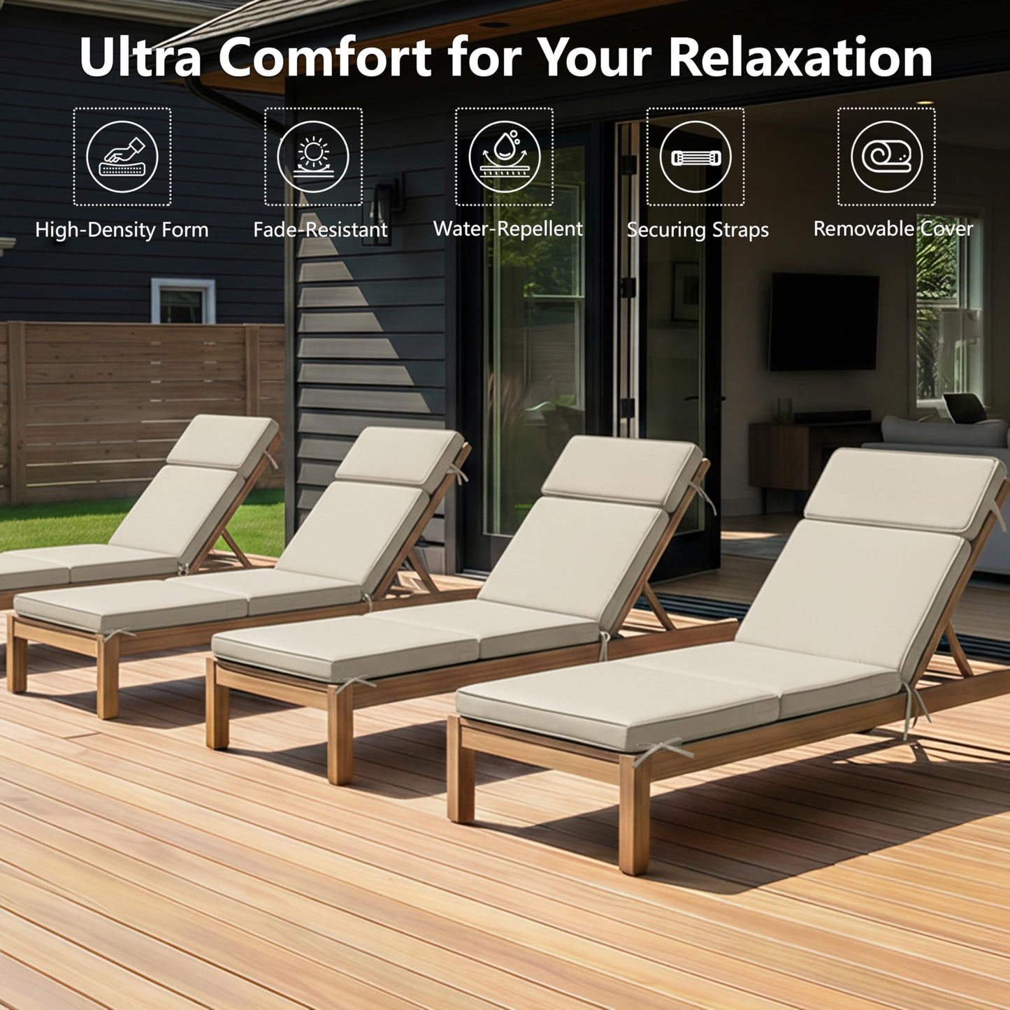 Honorbox 80 x 26 Inch Outdoor Chaise Lounge Cushions Set of 4 - Removable Cover, 4-Section Design, Water-Repellent & Fade-Resistant, 6 Tie Straps, Replacement for Patio & Pool Chairs - Cream