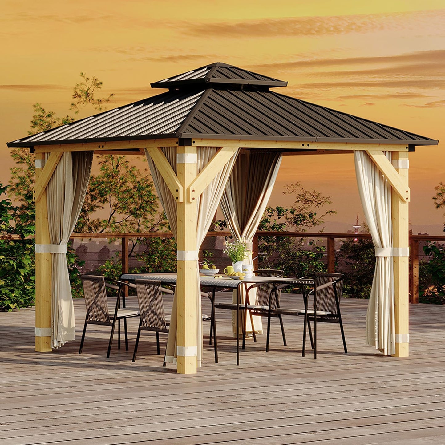 10x10 FT Hardtop Wood Gazebo, Outdoor Patio Pavilion with Cedar Frame, Double Galvanized Steel Roof, Curtains and Mesh Netting, Ceiling Hook Shelter for Backyard Deck Lawn Garden, Khaki