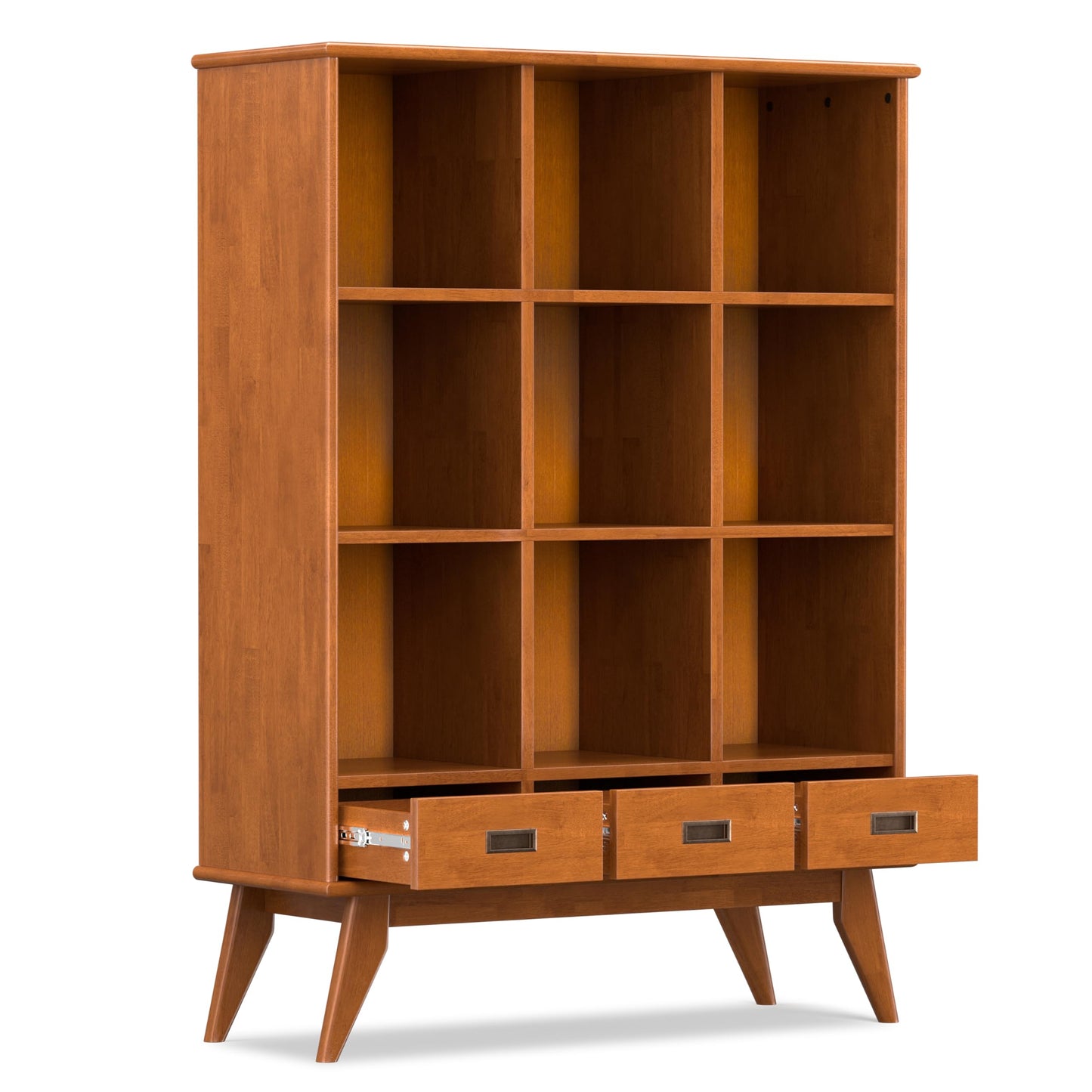 SIMPLIHOME Draper Bookcase - 58 inch Tall 9-Cube Solid Hardwood Cube Organizer with Drawers in Teak Brown, Mid-Century Storage for Living Room, Entryway or Bedroom with Cubbies and Angled Legs