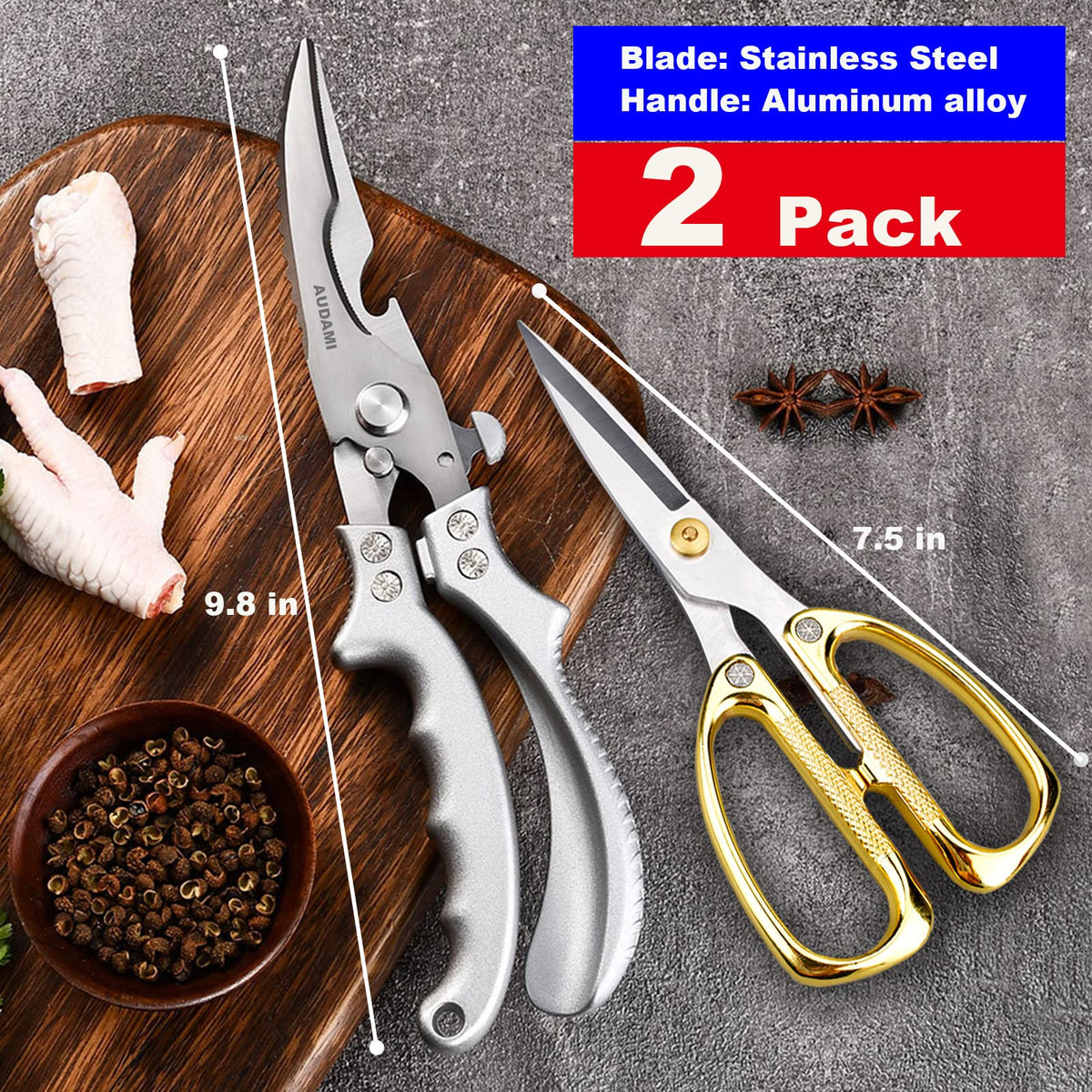AUDAMI Stainless Steel Heavy Duty Kitchen Scissors - 2 Pack Multipurpose Food Scissors, Poultry & Meat Shears