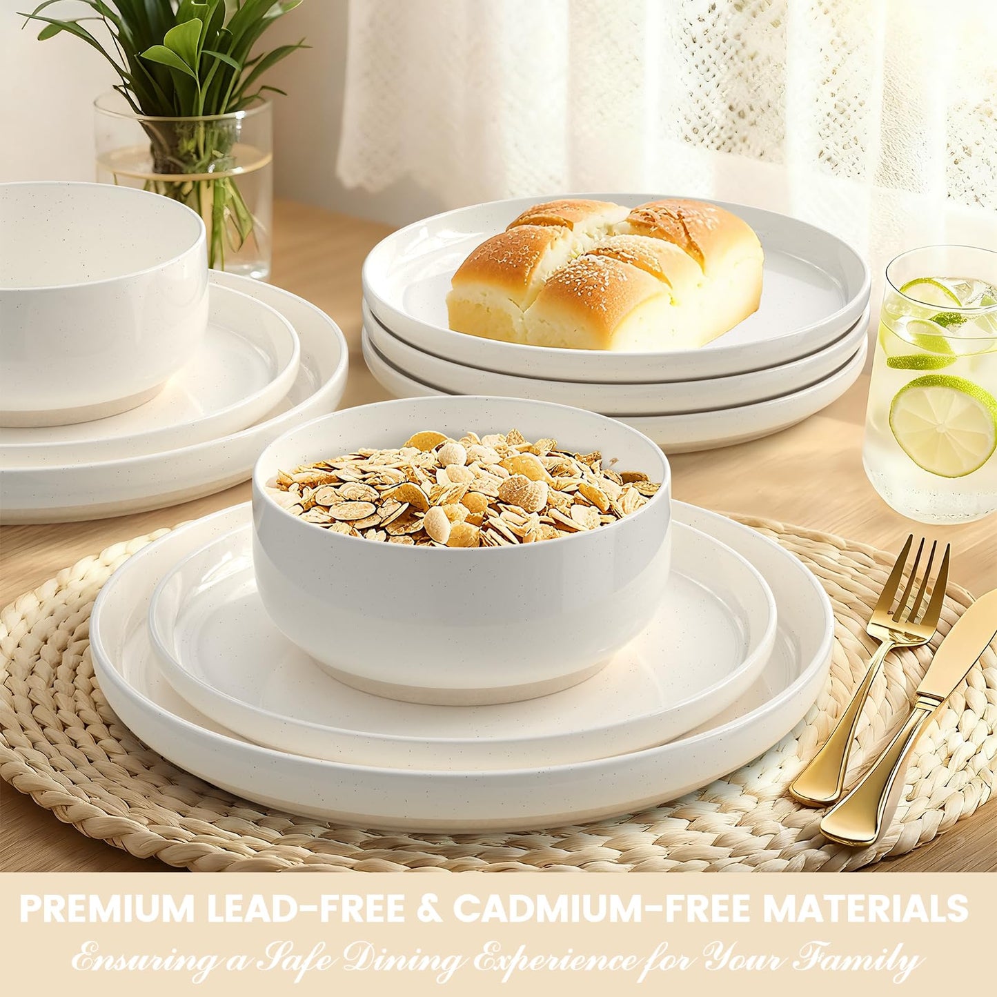 Plates and Bowls Sets, Dinnerware Sets for 4, 12 Pieces Scratch Resistant Dishware Dishes Set, Ceramic Kitchen Dinner Set, Porcelain & Microwave and Dishwasher Safe, Cream White
