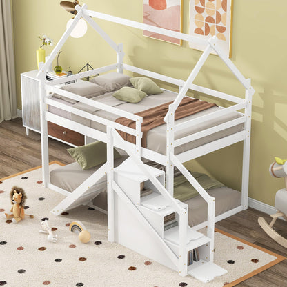 Merax Twin Over Twin Bunk Bed with Full-Length Guardrails for Teens, Boys, Girls, Wooden House Bed Frame & Slide and Storage Stairs for Children's Room, Bedroom, No Box Spring Needed, White