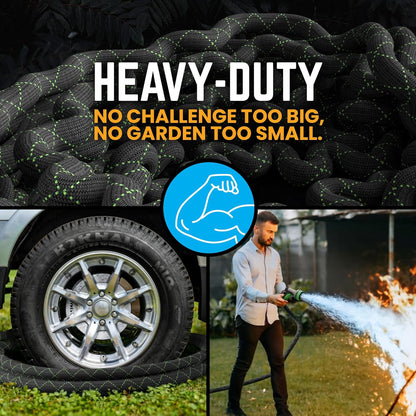 PowerFlow Stainless Steel Garden Hose - 25 Ft Durable Metal Water Hose with 10-Way Spray Nozzle | Black