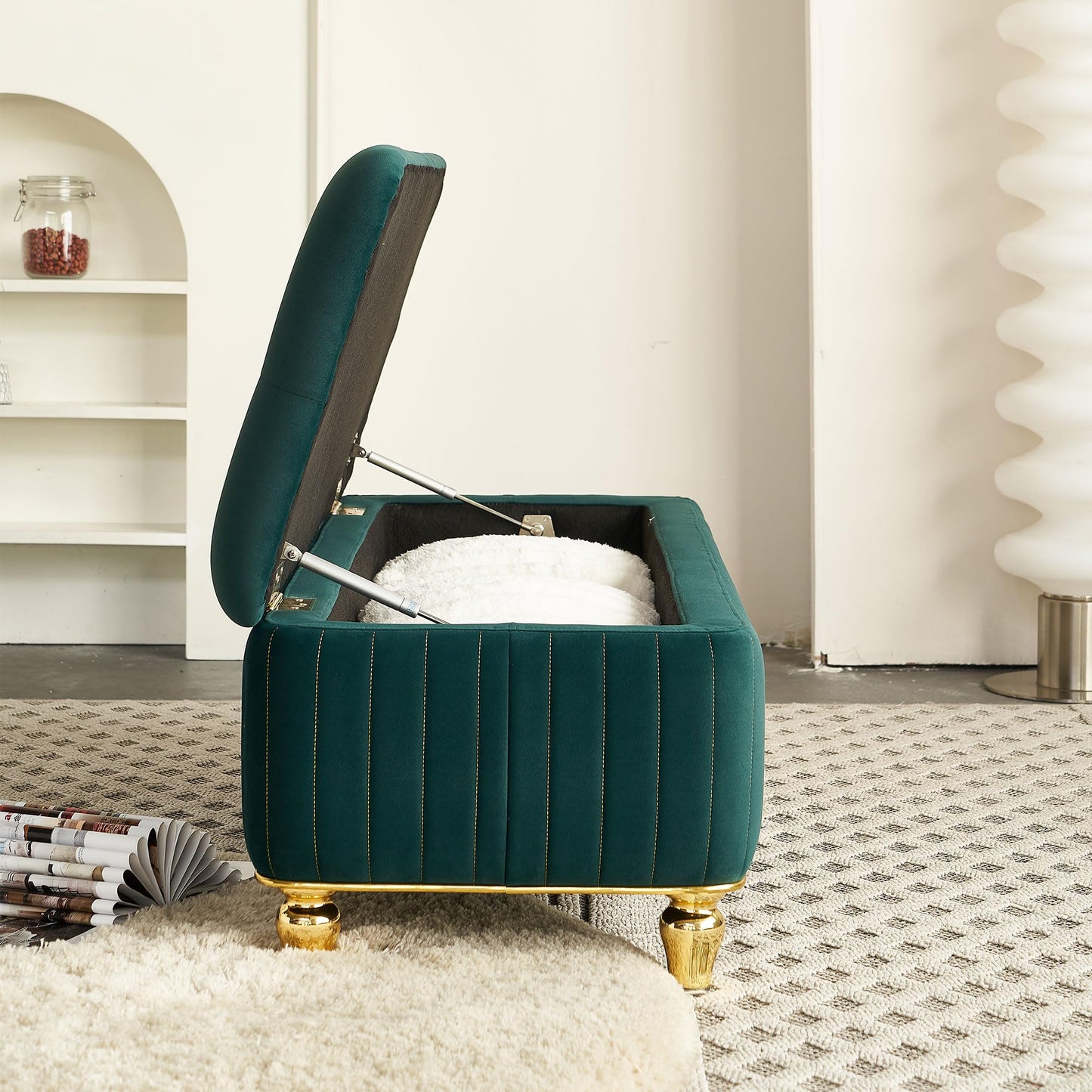 KEIKI 47" Rectangle Velvet Tufted Ottoman Bench with Solid Metal Leg, Modern Style Storage Footstool with Deep Button Tufting and Gold Embroidery, Easy Assembly, for Living Room, Bedroom, Green