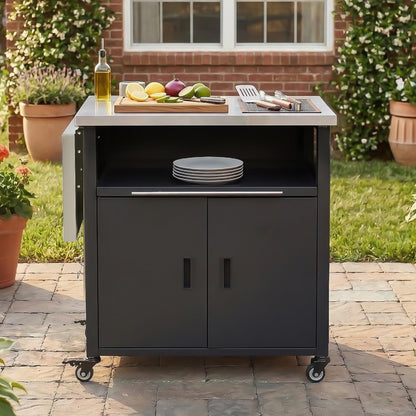 Outdoor Folding Kitchen Cart with Dual Stainless Steel Tops, Rolling Grill Prep Table with Cabinet Drawer and Trash Rack, Portable BBQ Serving Cart with Lockable Wheels for Patio Backyard, Black