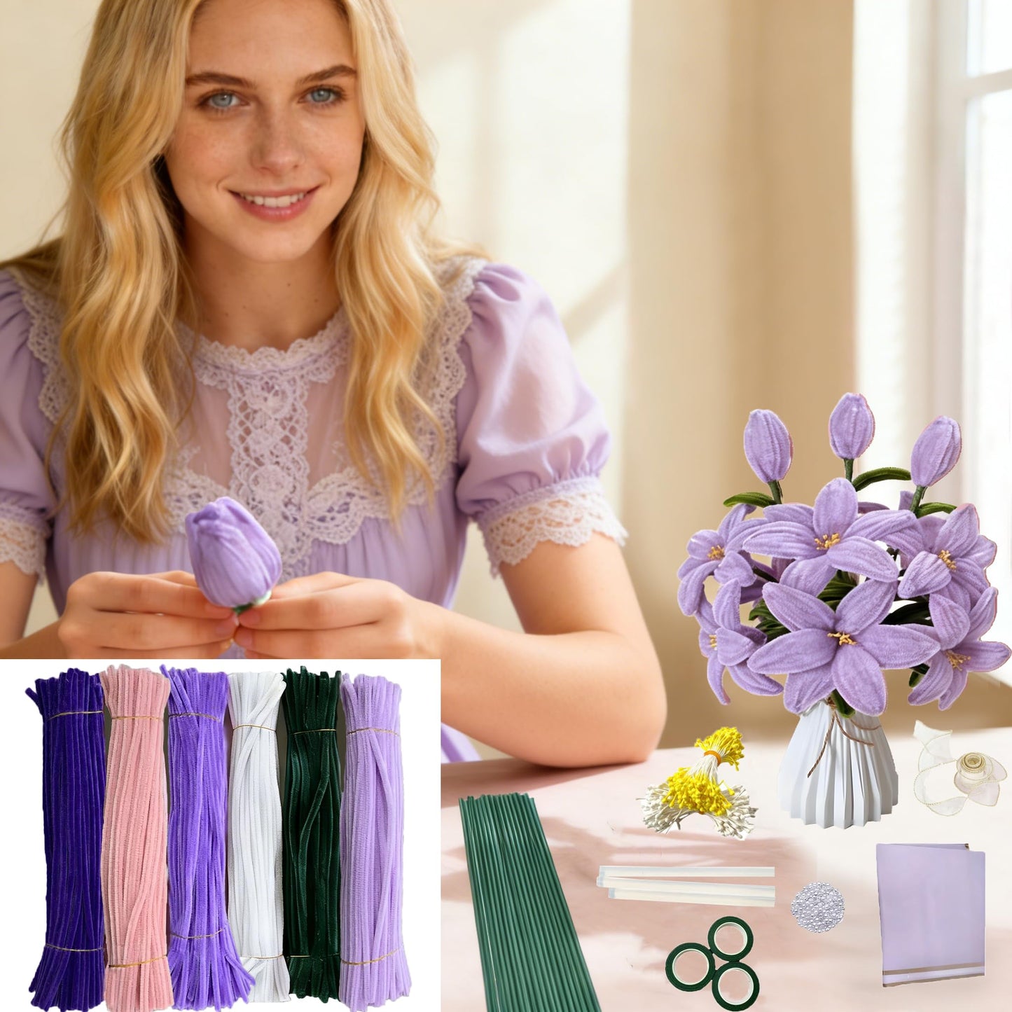 ZFTFZ Purple DIY Pipe Cleaners Bluk Craft - 500pcs Chenille Stems (6 Colors), 25 Floral Stems & Stamen - Includes Mesh, Wrapping Paper & Gift Box for Handmade Rose/Tulip Art