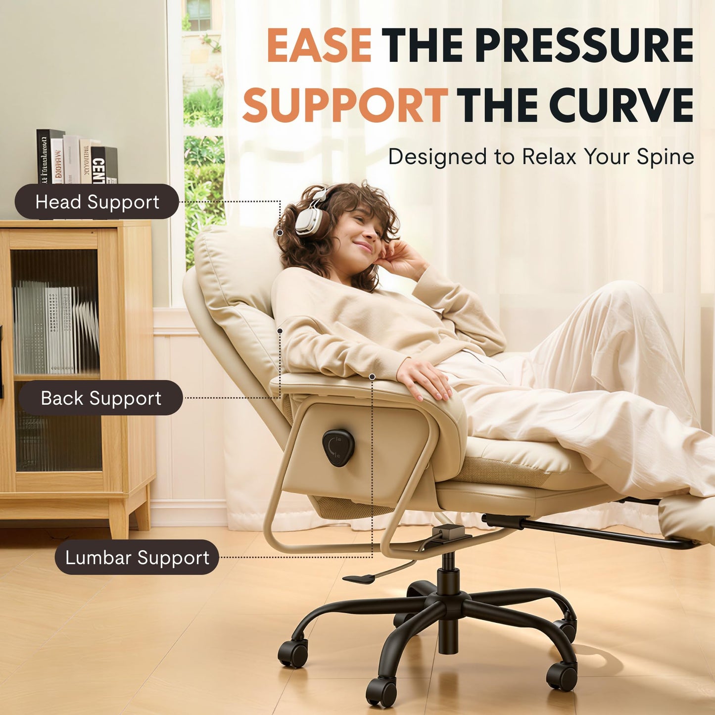FLEXISPOT Ergonomic Office Chair with Footrest High Back Computer Desk Chairs Indoor Lounge Chair with Wheels 90-165° Reclining Lumbar Support, Chairs for Working Relaxing Cross Legged, Leather, White