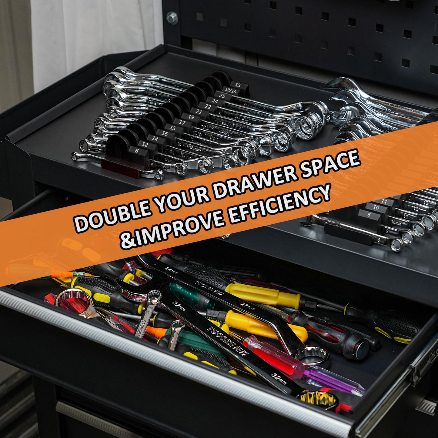 Mudygelay 52 pcs Modular Wrench Organizers for Tool Drawers - Wrench Rack with Metric&SAE Labels, Perfect Tool Storage Holder. Gift for Father and Boyfriend (Black)