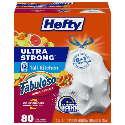 Hefty Ultra Strong 13 Gallon Trash Bags, Tall Kitchen Trash Bags 13 Gallon Size, White, Fabuloso Citrus & Fruits Scent, 80 Bags